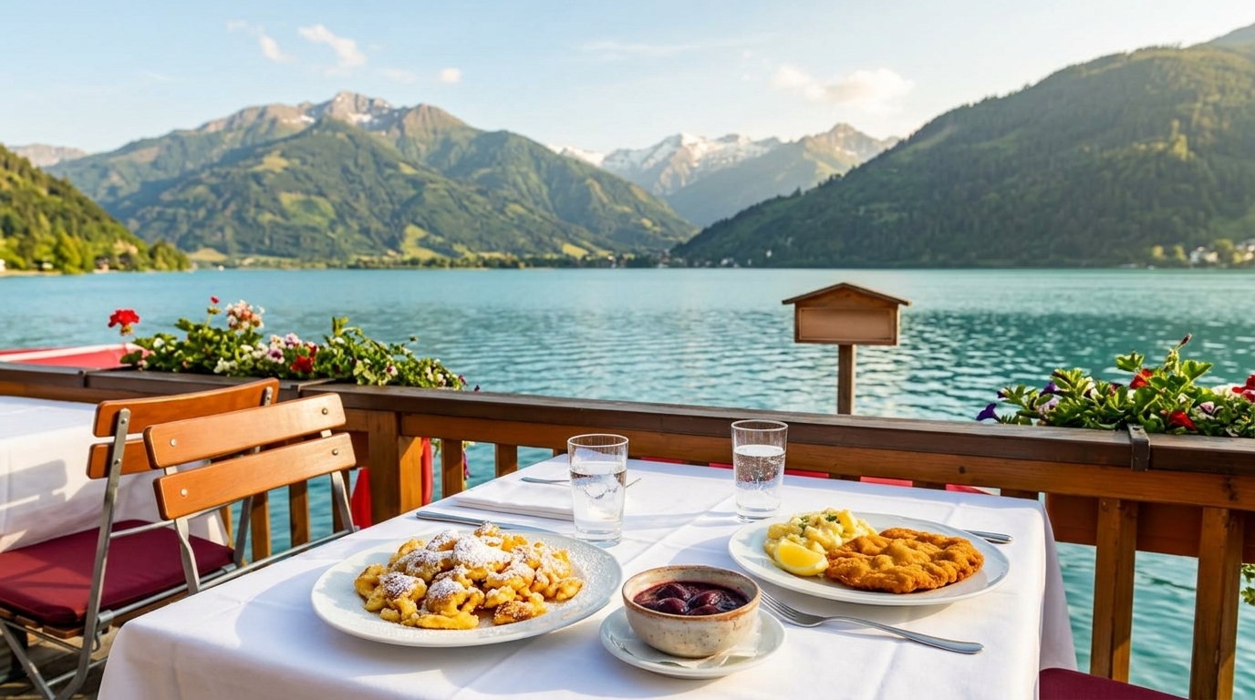 Gedeckter Tisch auf einer Seeterrasse mit Kaiserschmarrn und Wiener Schnitzel, dahinter See und Berge