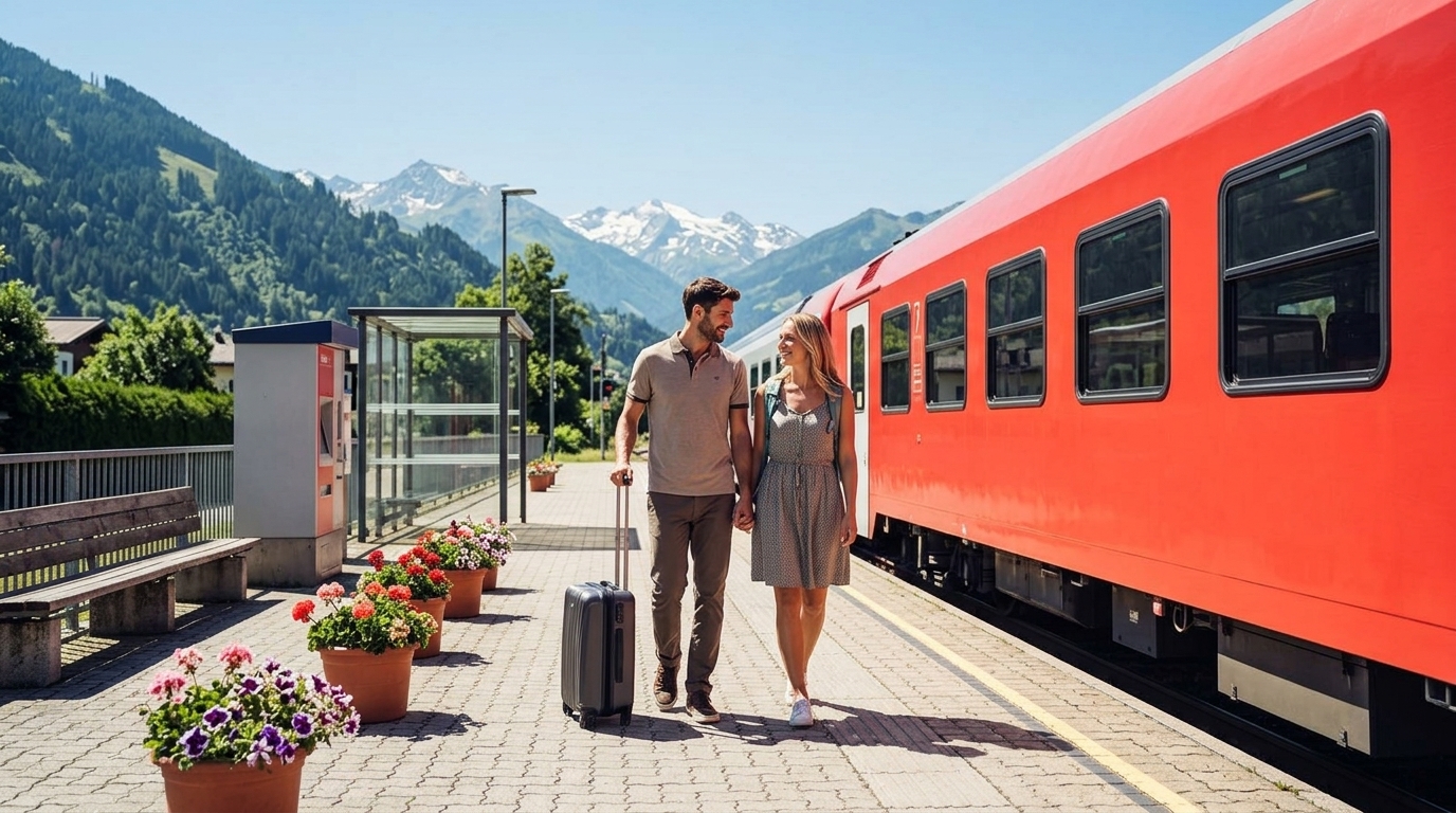 Paar mit Koffer auf einem kleinen Bahnsteig in den Bergen neben einem roten Regionalzug